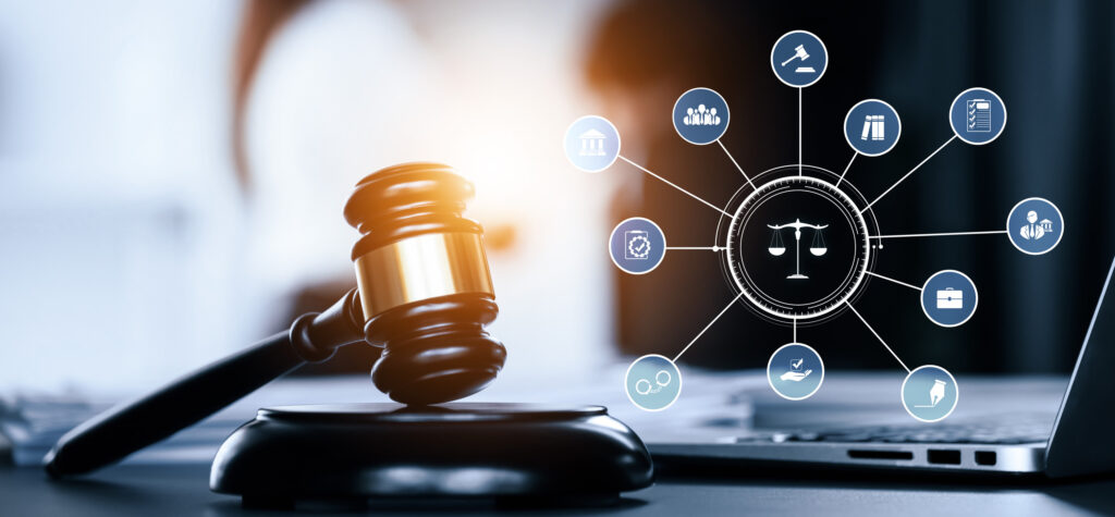 smart law, legal advice icons and astute lawyer working tools in lawyers office