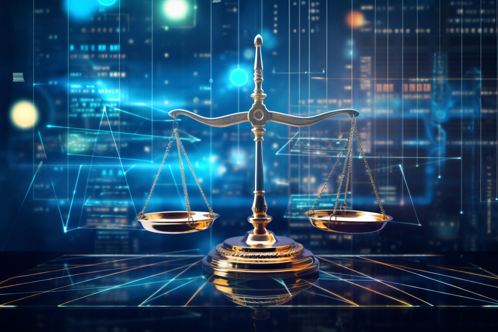 digital law concept. law scales at data center. abstract background